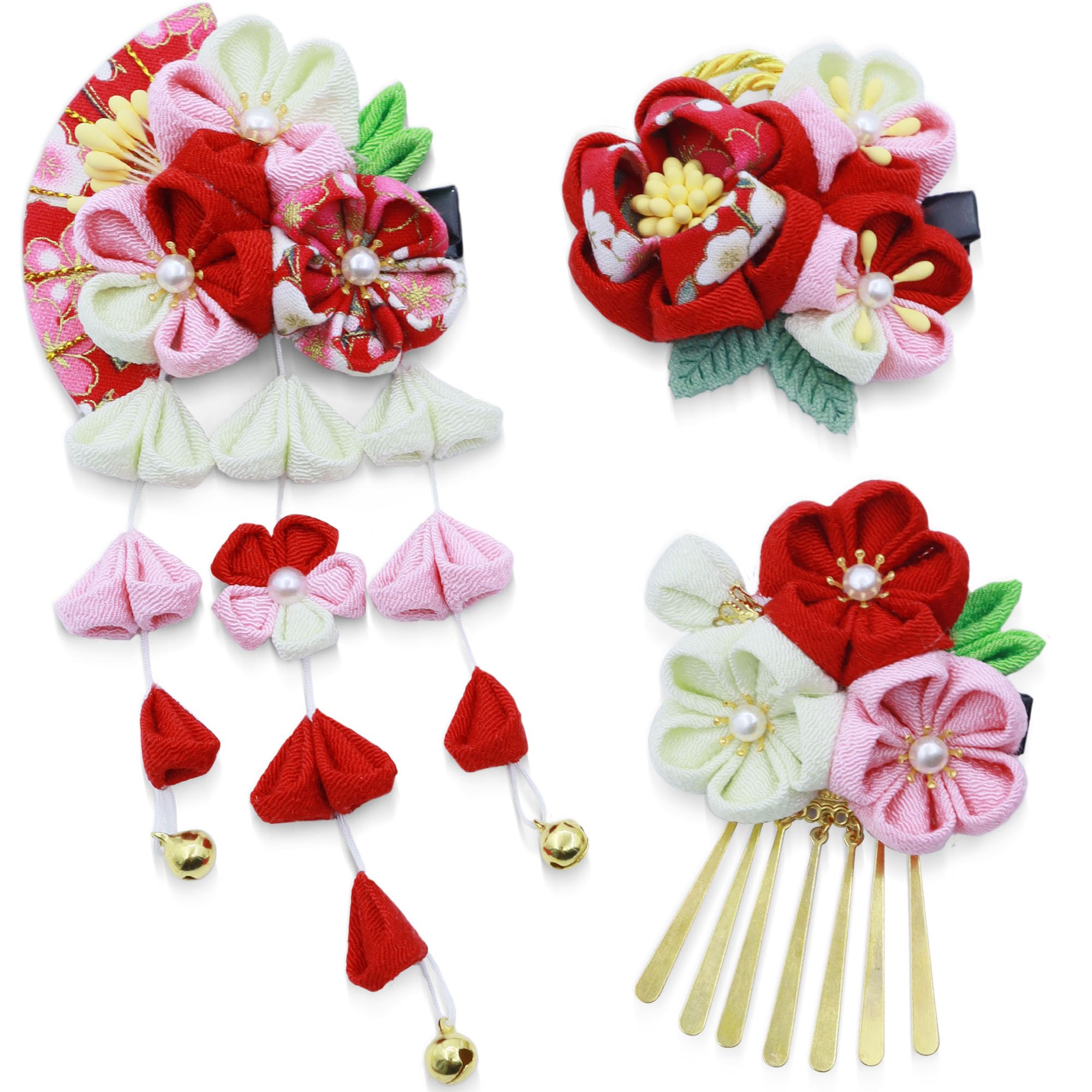 

JZOON Hair Ornament Perfect for and Includes Available in 5 and Product H4000 Shichi-Go-San 3-Piece Set, Tsumami-zaiku (Handmade) Design,