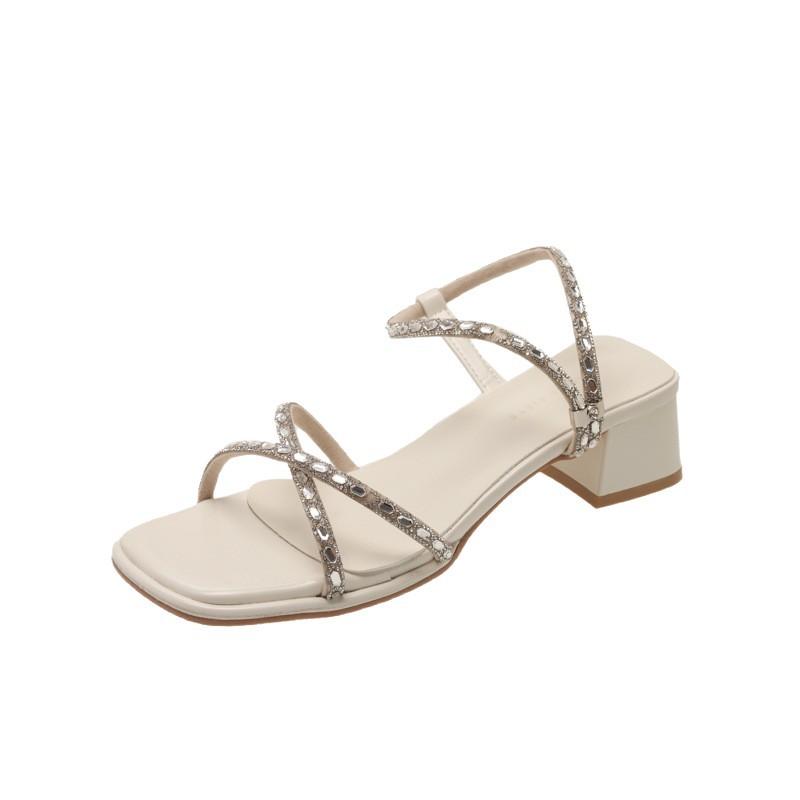 Rhinestone Cross-strap One-word Buckle Thick-heeled Sandals 2025 Summer French New Open-toed Mid-heel Fairy Style High Heels