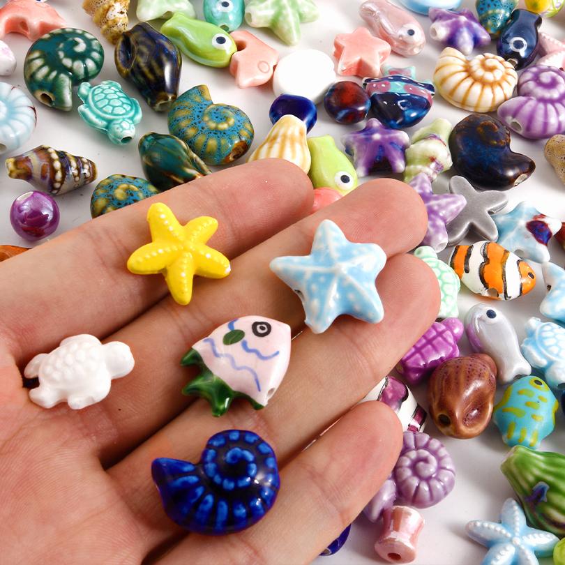 10pcs/Lot Sea Beach Conch Starfish Tropical Fish Bead Charms For Jewelry Making Supplies Ceramics Pendant DIY Bracelets Material