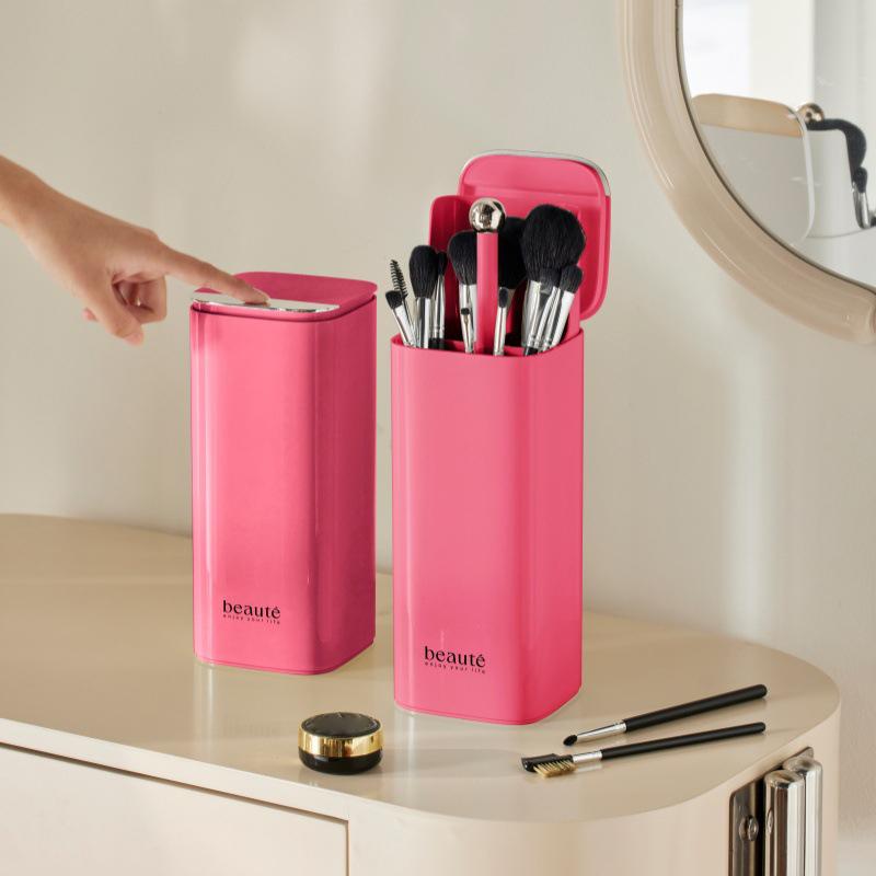 

Makeup Brush Holder Organizer, One Touch For Open, Dustproof Make Up Organizer With Lid For Vanity Bathroom Countertop рожевий червоний колір