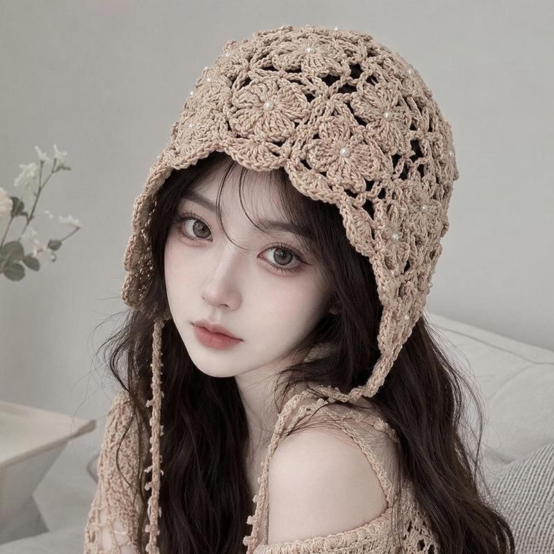 New handmade hollow knitted wool hat women's spring and autumn thin breathable face small ethnic style fringed pullover hat