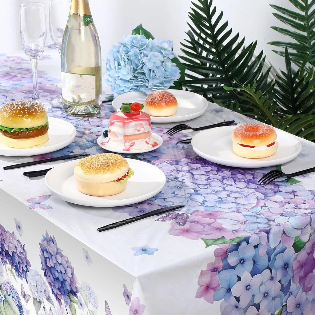 Peryiter 3 Pcs Spring Hydrangea Plastic Tablecloths Watercolor Flower Butterfly Tablecloth Disposable Table Cover Floral Table Cloth for Easter