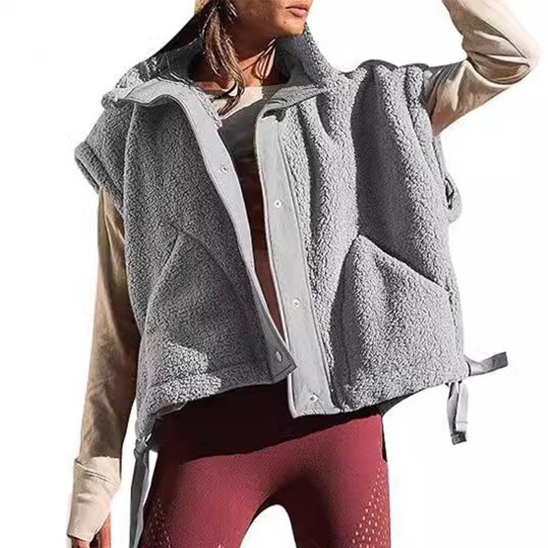 Fall and Winter Women's Faux Wool Vest Casual Sleeveless Jacket Oversized Buckle Vest Coat with Pockets