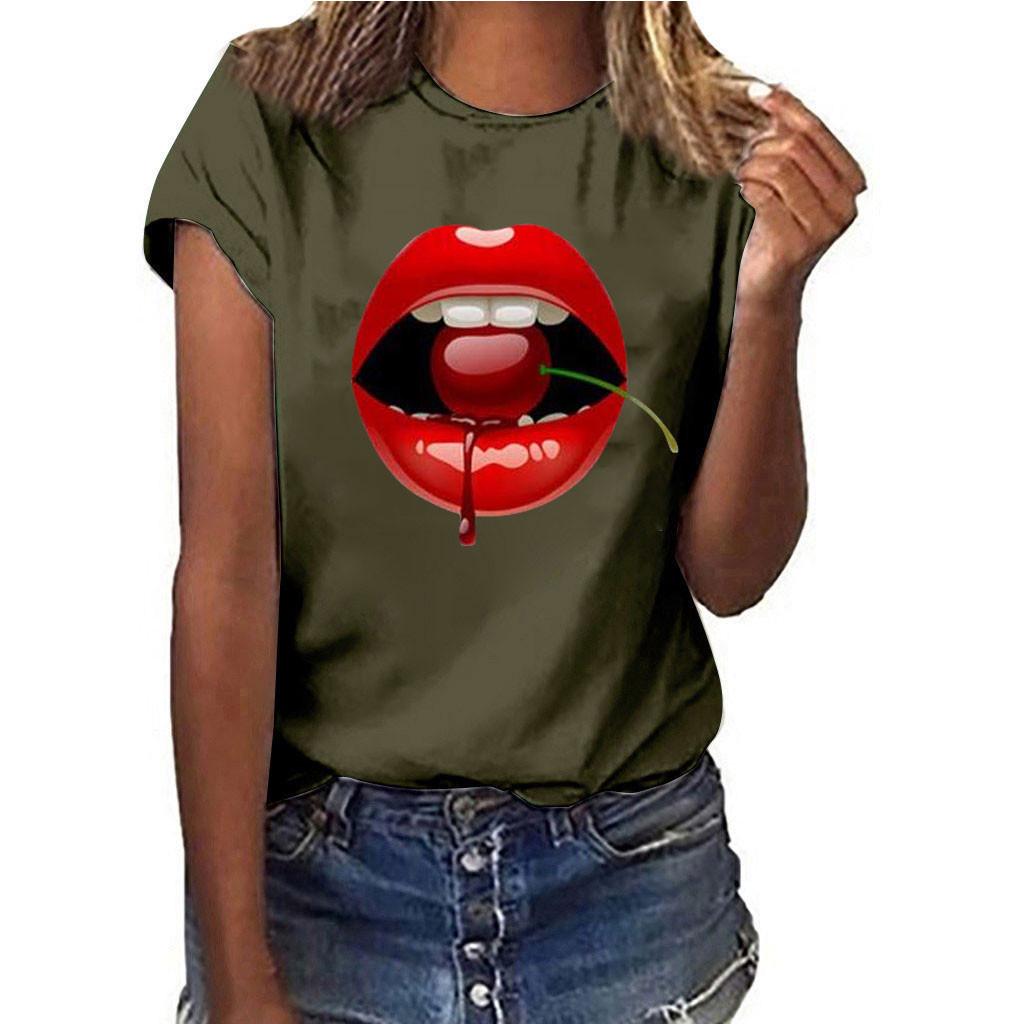 Women Girls Plus Size Lips Print Shirt Short Sleeve T Shirt Blouse Tops