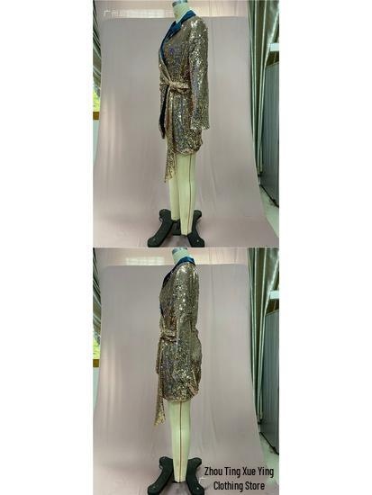 European & American Ladies' Fashionable Sequin Tie-Up Dress with Waist Cinch and Lapel 