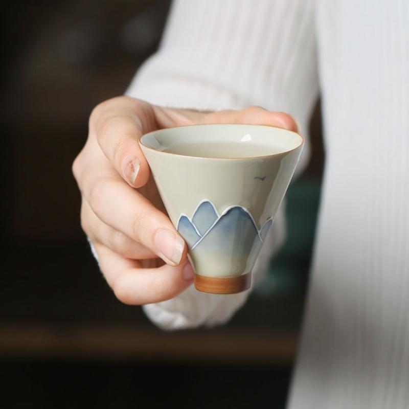 Ash Glaze Hand Painted Landscape Tea Cup Kung Fu Tea Set Porcelain Ware for Home Office Gift Idea Underline Glaze Ceramic