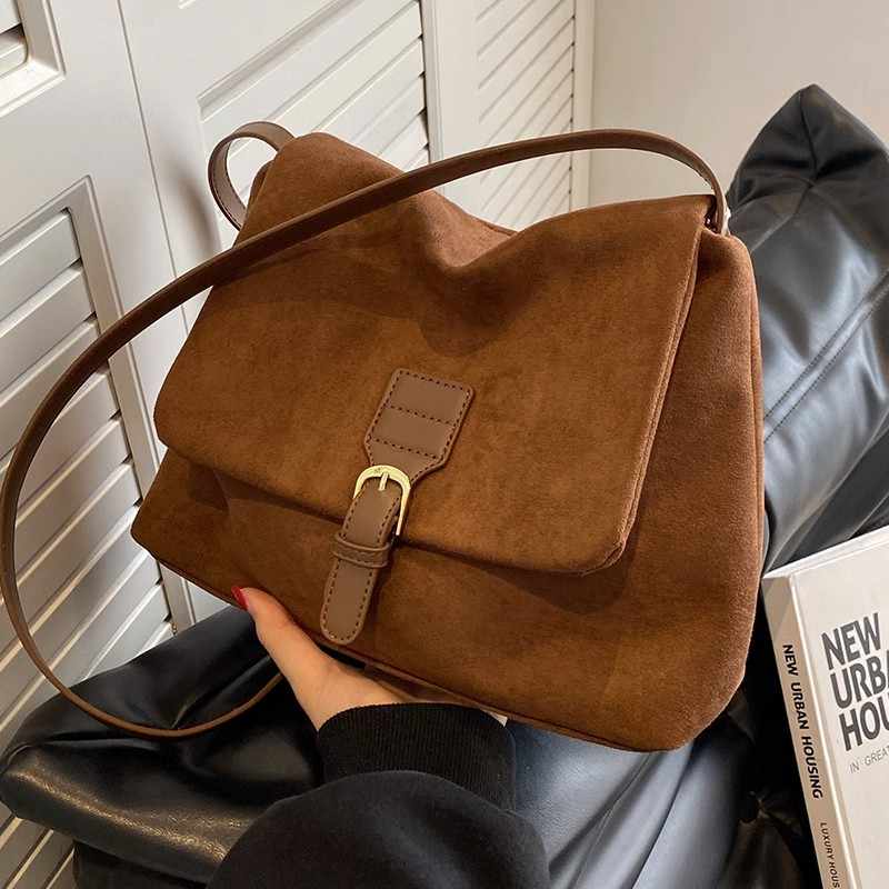 Retro-Umhängetasche aus Wildleder für Damen, Herbst/Winter, lässig, vielseitige Umhängetaschen, französische Mode, Handtaschen mit großem Fassungsvermögen