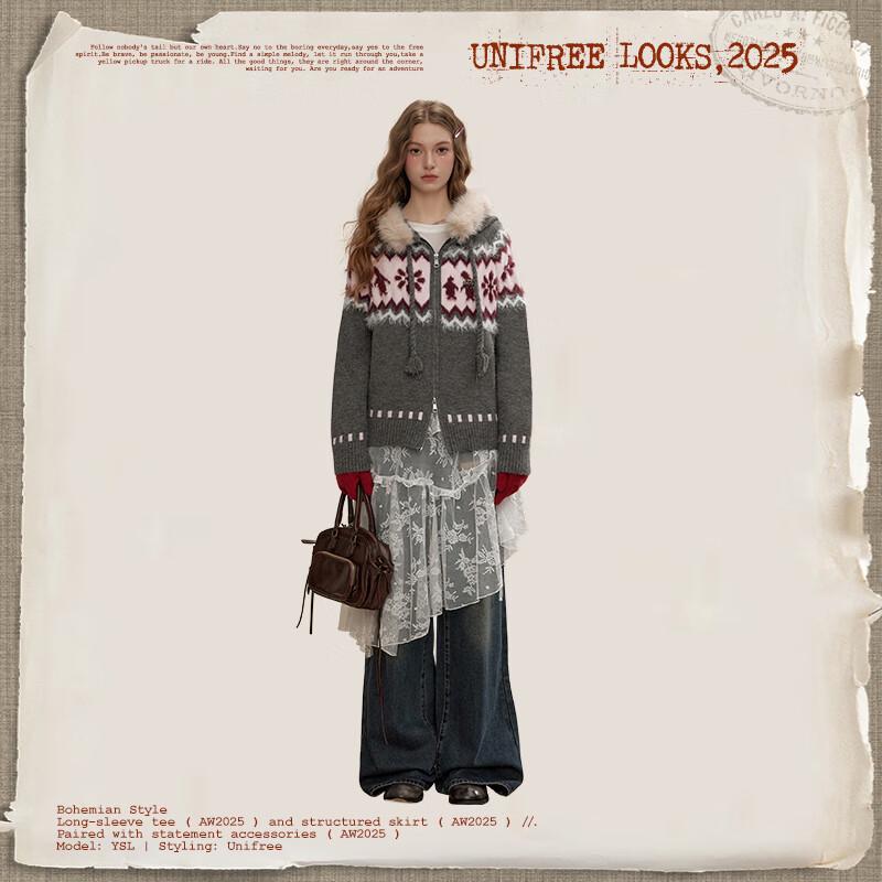 UNIFREE Fair Isle Knit Hooded Cardigan