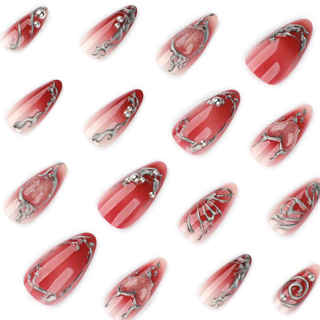 Red Y2K Press-On Nails: Butterfly Heart Design with High-End Silver Hot Stamping for Autumn/Winter