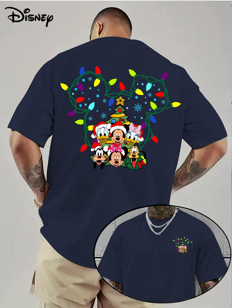 Disney Mickey Christmas Cartoon T-shirt Men Fashion Letter Cartoon Design Breathable and Lightweight Casual Short Sleeve T-shirt