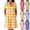 Women Loose Casual Shirt Dress Half Sleeve Polo Collar Checkered Print Button Front Pockets Summer Dress