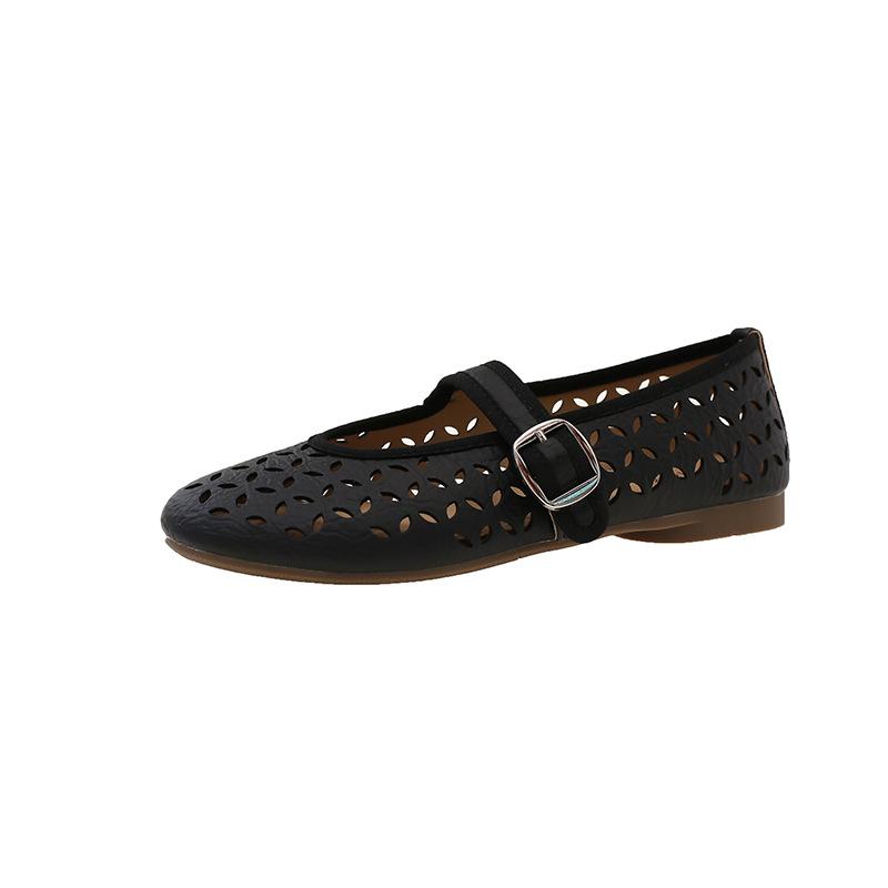 Hollow Mary Jane Shoes Women's Summer New One-pedal Flat-bottomed Comfortable Retro Hole Sandals Doudou Single Shoes