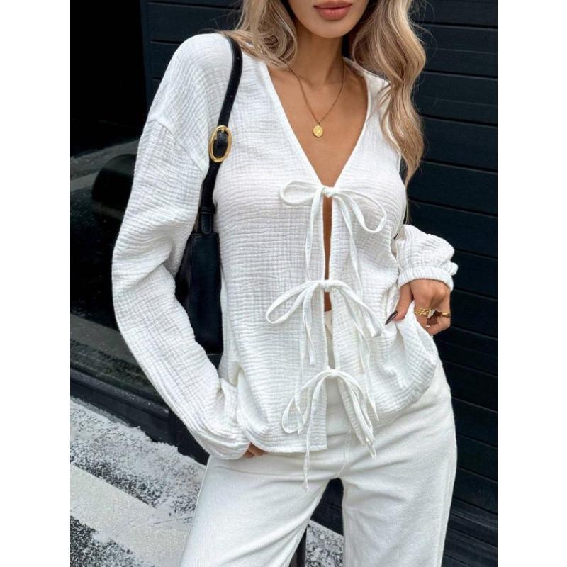 IHUASU Women's Fashion Casual Solid Color Print Long Sleeve V-Neck Blouses & Shirts