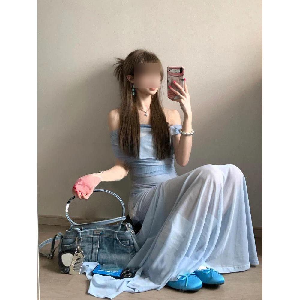 Slash shoulder atmosphere slightly transparent a-word tulle skirt, seaside vacation style leisure beach hip fish tail dress