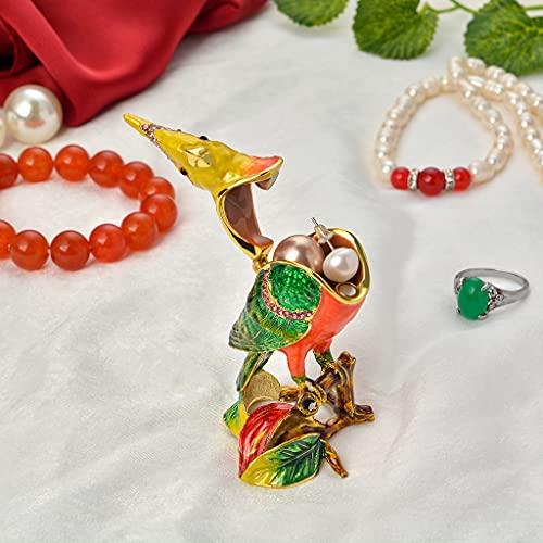 FJ FENGZHIJIE Trinket Box with Hinged Parrot Bird Figurine, Golden Crystal Enamel Cocktail Home Decor, Bird Lover Gift