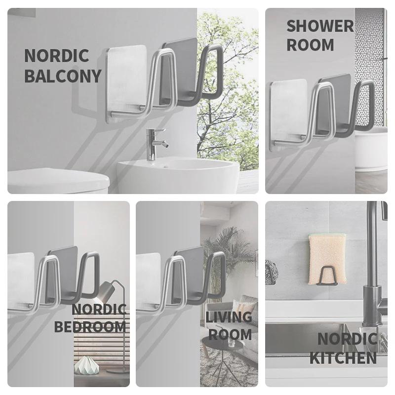 Kitchen Stainless Steel Sink Sponges Holder Self Adhesive Drain Drying Rack Kitchen Wall Hooks Accessories Storage Organizer 1/6