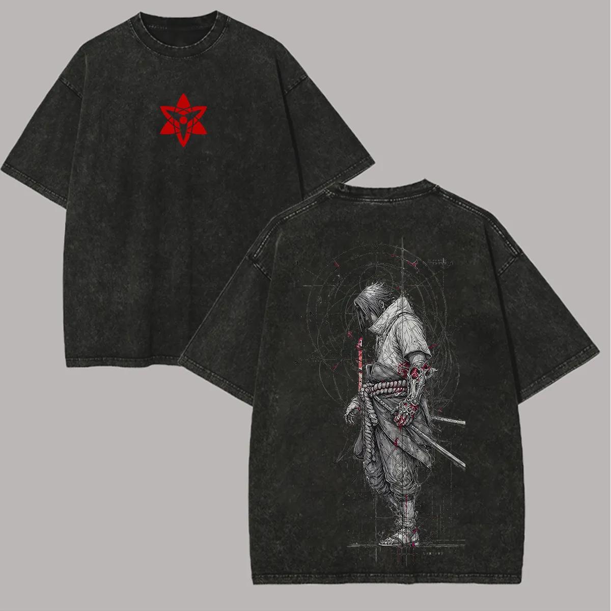 Sasuke T Shirt Naruto Men Acid Wash Back Print Mangekyo Eye Anime Graphic Cotton Streetwear Uchiha Vintage Bootleg Tee M