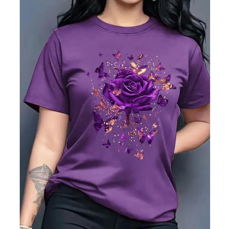 

Women Summer T Shirt Retro Fashion Short Sleeve Tees Casual Rose Printed Tops 8XL фіолетовий