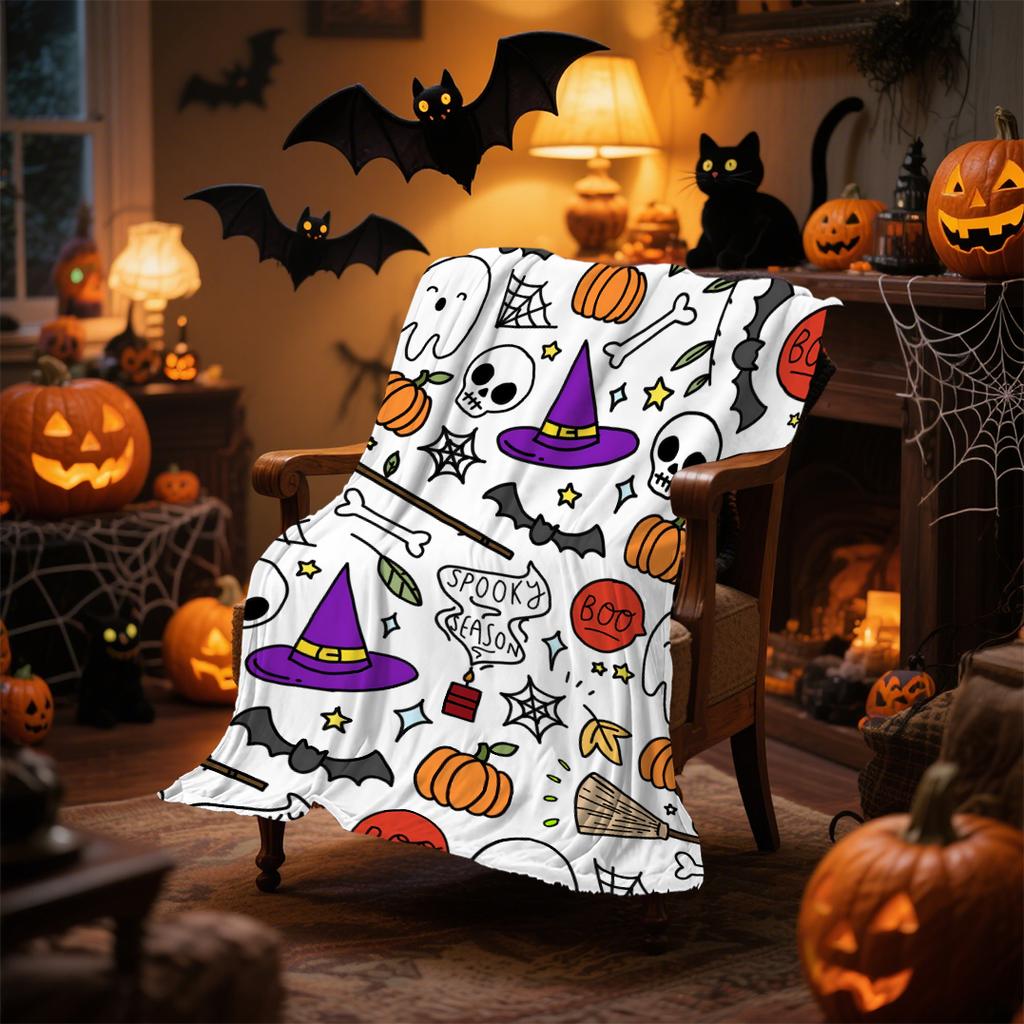 1pc Colorful Halloween Blanket Ghost Pumpkin Bats Printed Skin-Friendly Soft Blanket  New for Home Halloween Decoration
