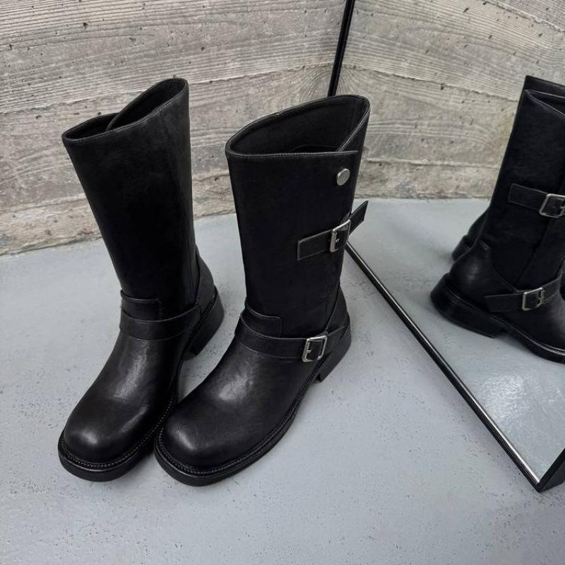 

Autumn and winter leather women s boots solid color sleeve middle heel round head large tube circumference versatile large size leather boots medium 40 чёрный