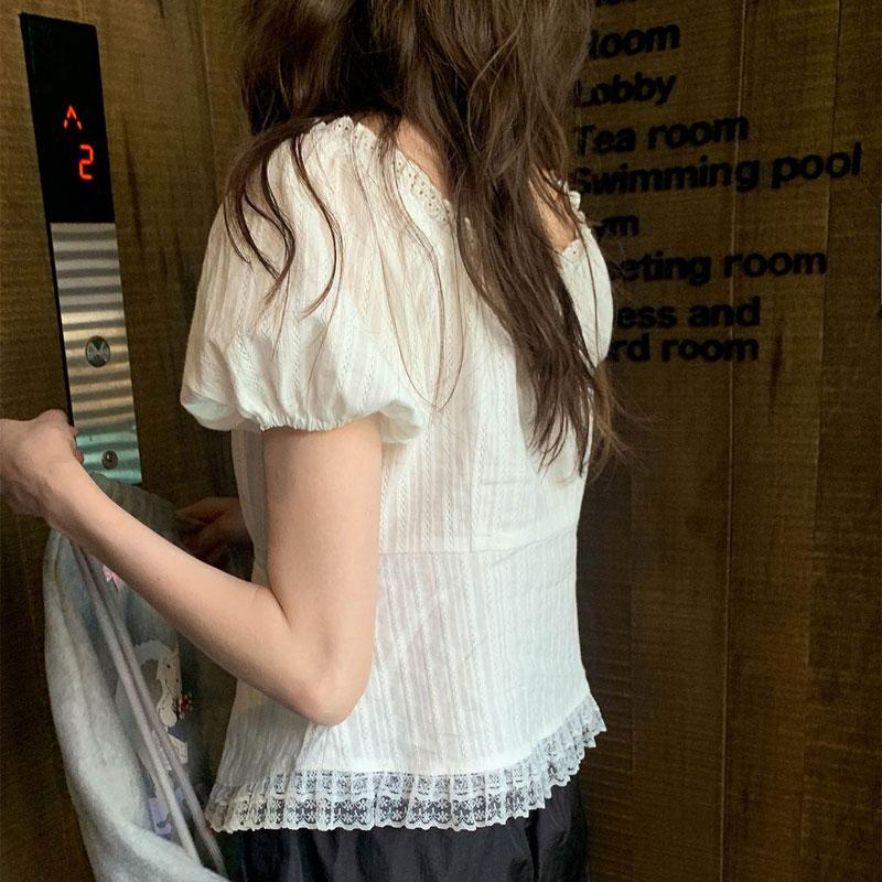 Summer Sweet Lace Spliced Shirts Stylish Drawstring Female Clothing Solid Color Elegant Square Collar French Style Slim Blouse
