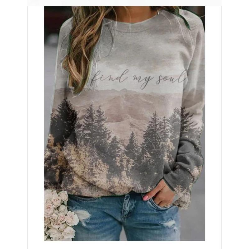 

Женские футболки с длинным рукавом с 3D-принтом природного ландшафта - Мягкий полиэстер средней эластичности, одежда свободного кроя для весны и осени 2XL