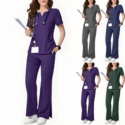 Ladies' Loose And Comfortable V,neck Short Sleeved Workwear With Multiple Pockets Suit Set