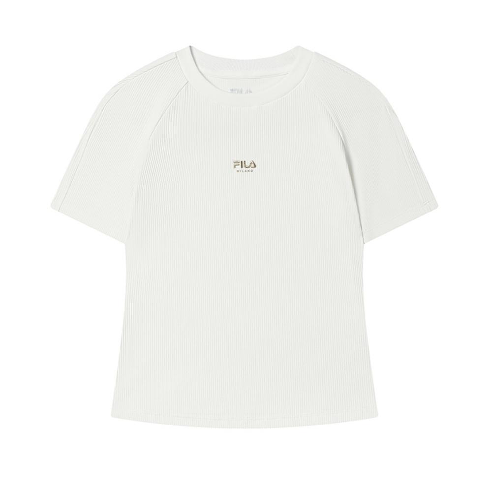 Fila Milano Series Trendy Fashion Casual Versatile Breathable Slim Fit Knitted Striped Short Sleeve T-Shirt Women Tops F11W535110F-WT
