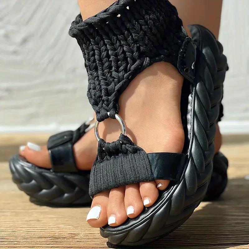 Women's Platform Crochet Sandals Stylish Open Toe Slip On Slingback Shoes Casual Outdoor Non Slip Sandals Women