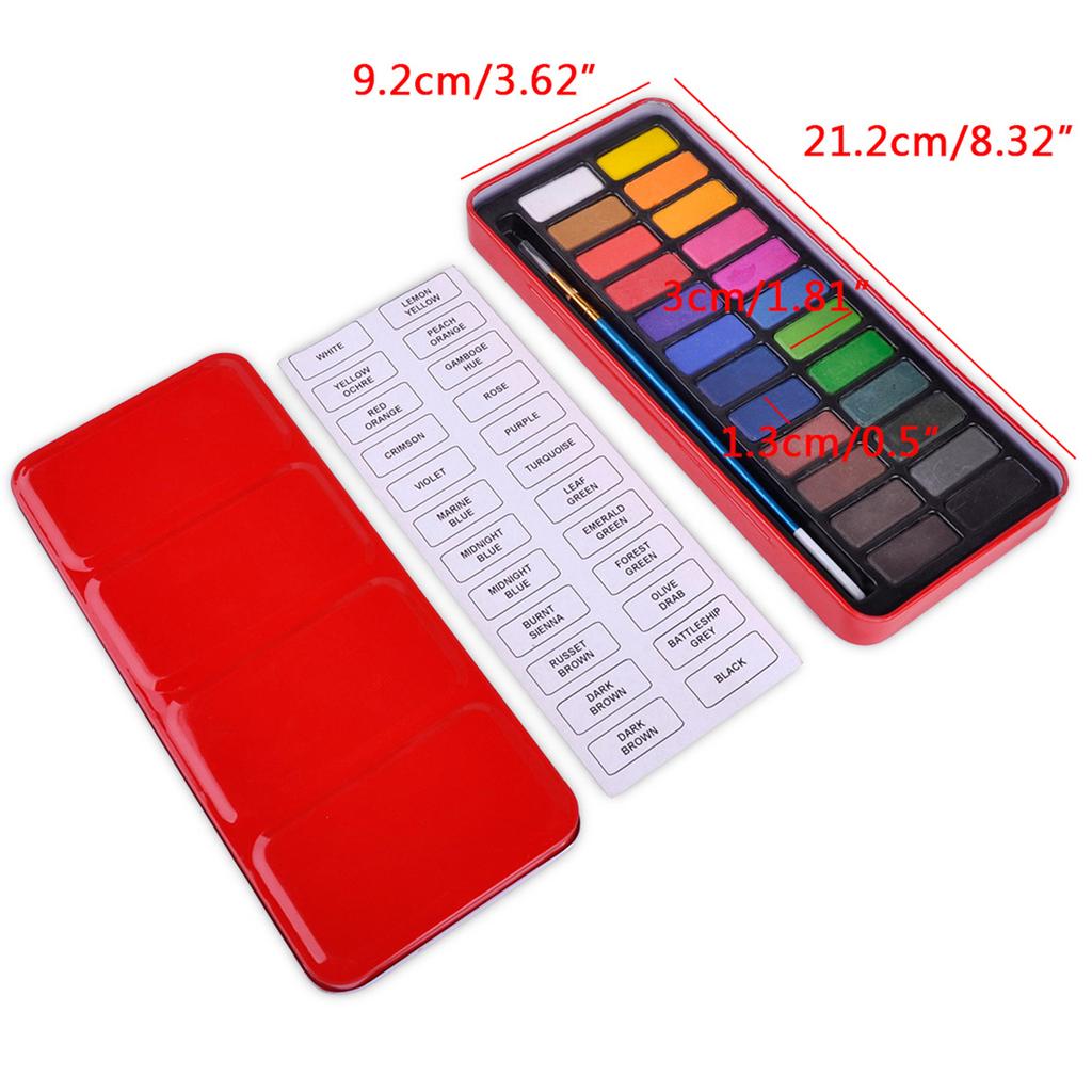 New 24 Colors Artist Solid Watercolor Pigments Tablet With Paint Brush Metal Box