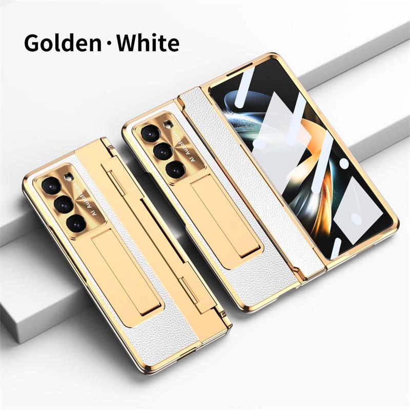 Full Protection Hinge Case for Samsung Galaxy Z Fold8 Ultra / 7 6 5 4 3 Plating PC+Leather Tempered Film Folding Kickstand Cover