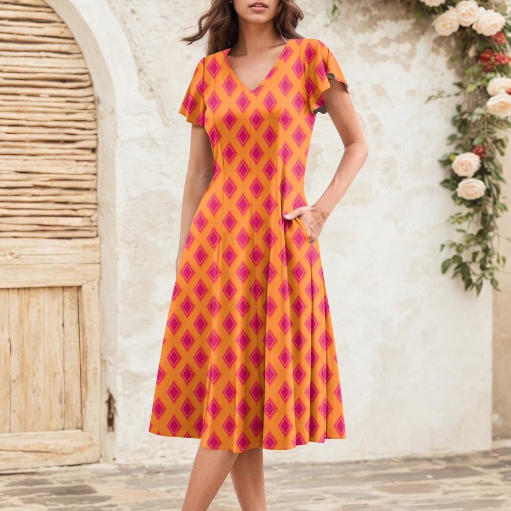 Rochie Midi Elegantă Retro de Vară pentru Femei cu Mâneci Volan V-Gât