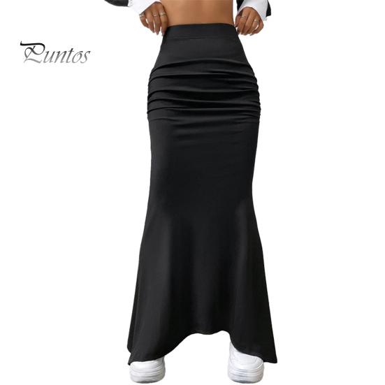 

Женская юбка-макси с высокой талией, однотонная юбка с рыбьим хвостом, облегающая юбка до щиколотки с подъемом бедер, длинная юбка со сборками S чёрный