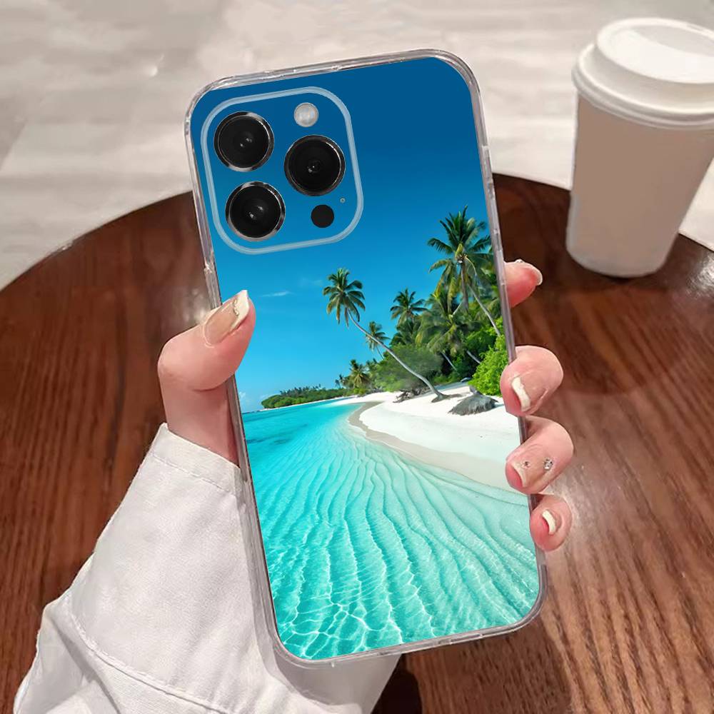 Sea Tropical Palm Trees Beach Phone Case For iPhone 17,16,15,14,13,12,11 Plus,Pro,Max,XR,XS,Plus,E,SE4,Mini Transparent Cover