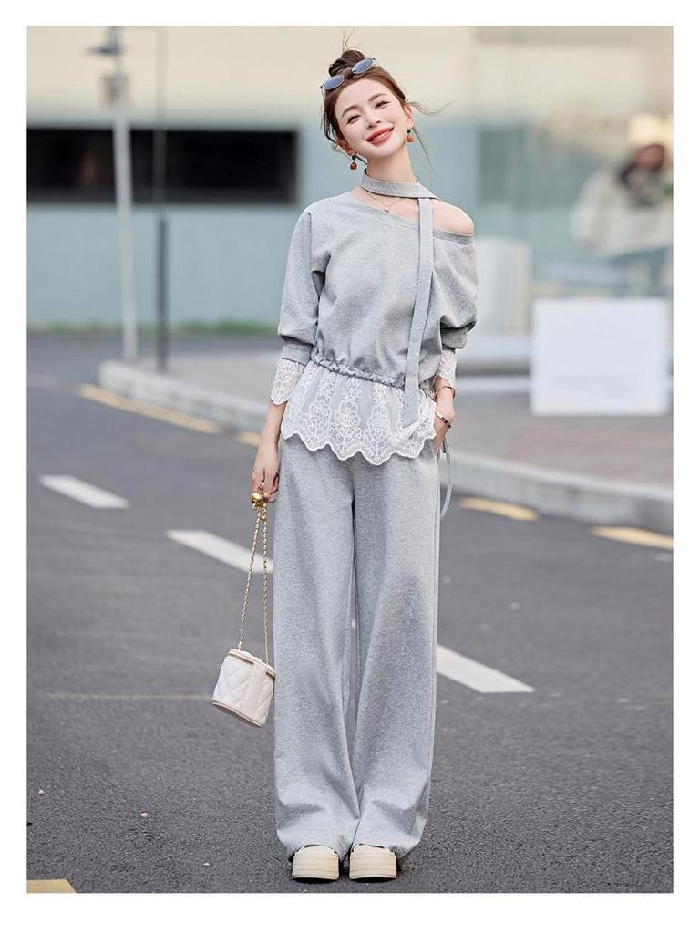 2025 Stylish Lace Patchwork Sweatshirt & Pants Set for Spring/Autumn
