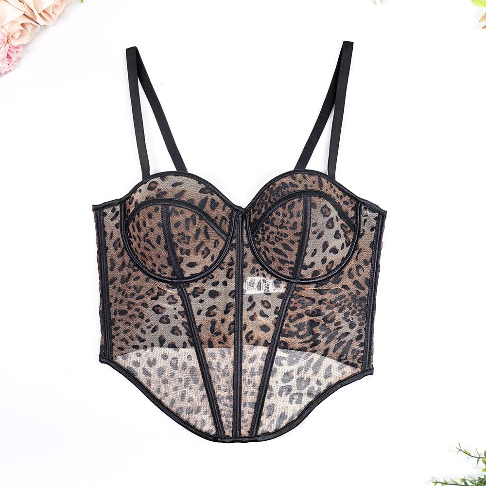 GX6241 Women s Leopard Print Shape Wear Splicing Camisole Top Mesh Lace Fishbone Bustier for Inner and Outerwear Corset Top S чёрный