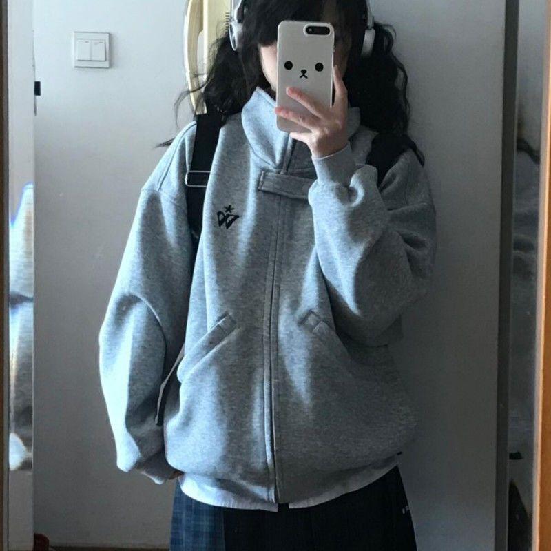 Streetwear Embroidery Women Sweatshirts American Vintage Harajuku Stand Collar Coat Fall Pure Cotton Zipper Hottie Loose Tops