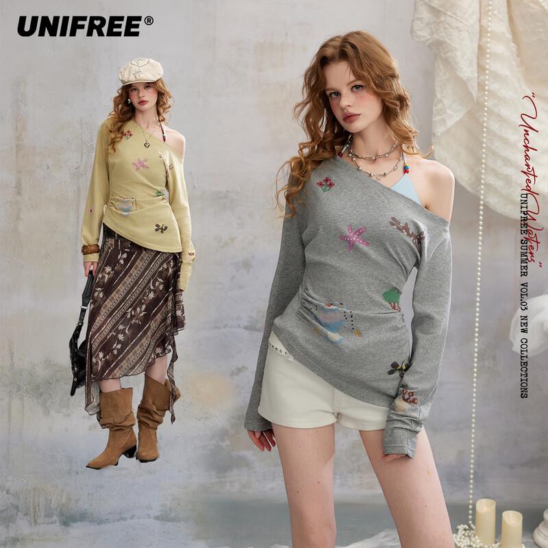 UNIFREE Retro Mosaic Print Beaded T-Shirt Set M