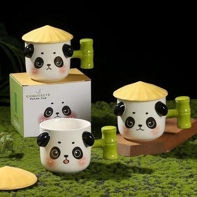Chinese Style Relief Panda Bamboo Mug Cute Ceramic Cup with Lid Gift Souvenir Creative Coffee Cup
