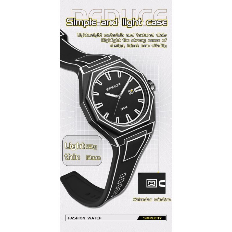 SANDA Fashionable Men's Quartz Watch Waterproof Silicone Strap Unique Scale Calendar Creative Lines Student Watches