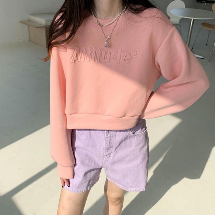 High Waist Women Sweatshirt Short Long Sleeve Solid Color Top