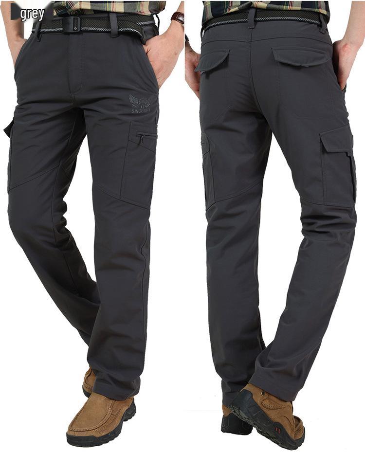 In Stock Men's Quick-Dry Winter Outdoor Multi-Pocket Ski Pants, Plus Velvet Thick Straight-Leg Windproof Long Pants