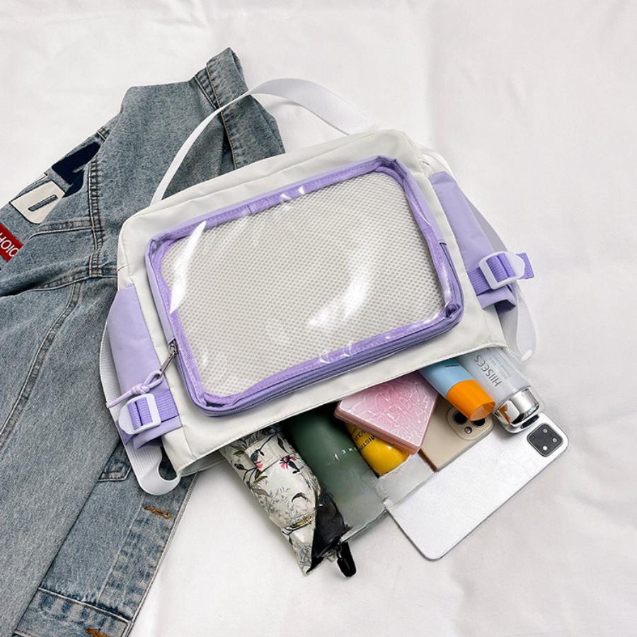 Clear Transparent Nylon Shoulder Bag for Women Fashionable Visible Panel Crossbody Purse Cute School Backpack CLE