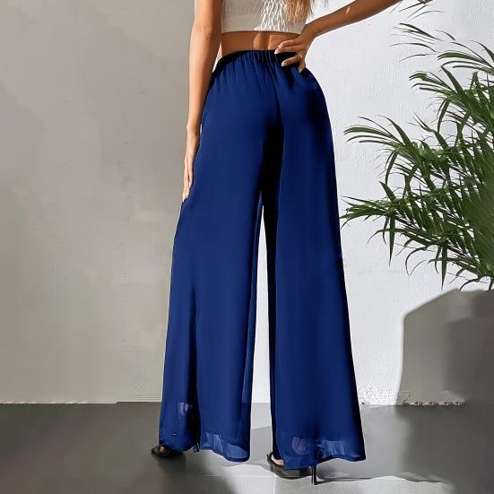 Women Pants Elastic High Waist Wide Leg Loose Fit Casual Trousers Summer Chiffon Long