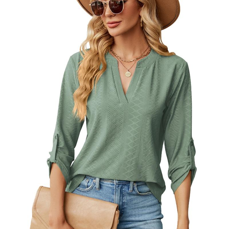 Damen Unifarben V-Ausschnitt Dreiviertelarm Locker Lässig T-Shirt Top