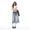 Trendy Summer Slub Textured Heavy Washed High Waist Loose Straight Denim Cropped Capri Pants Versatile Slimming FigureFlattering Casual Trousers