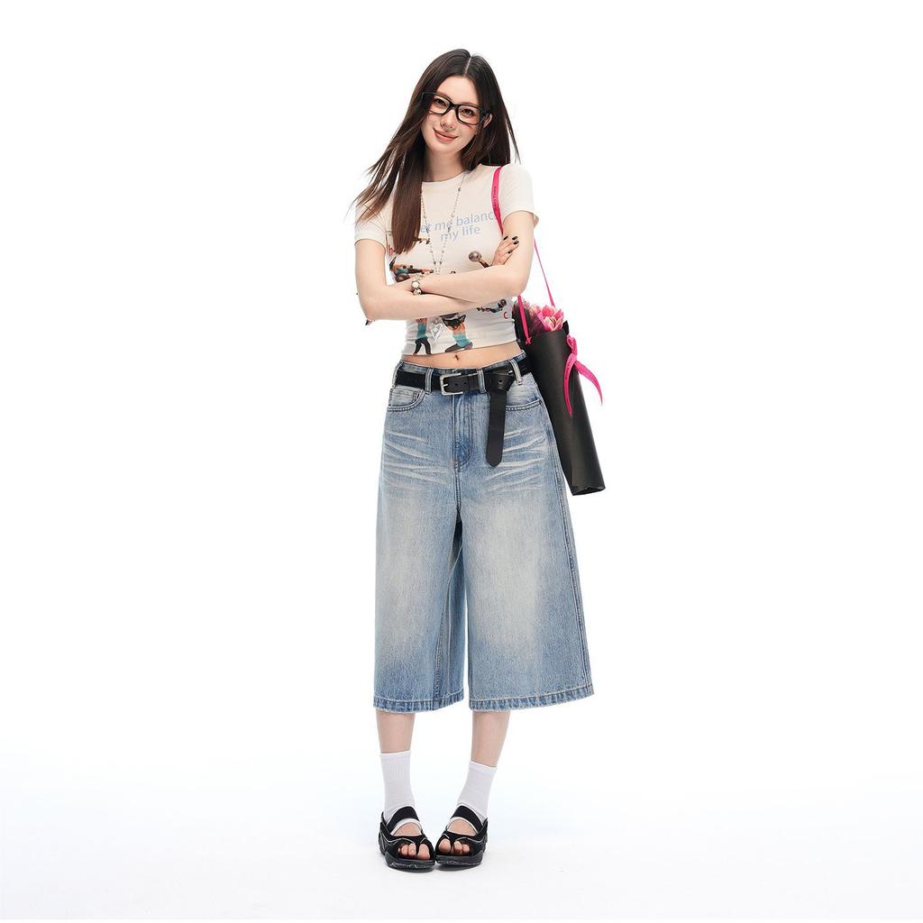 Trendy Summer Slub Textured Heavy Washed High Waist Loose Straight Denim Cropped Capri Pants Versatile Slimming FigureFlattering Casual Trousers