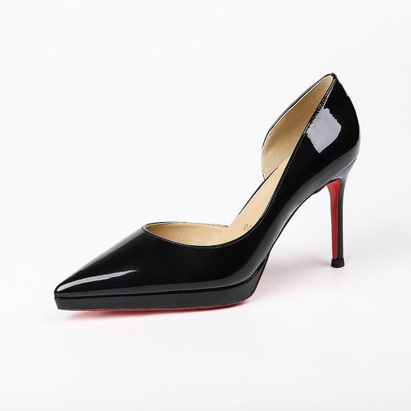 24C2 Waterproof Platform Red Sole High Heels Women's Spring New Thin Heel Pointed Sexy Royal Sister Black Single Shoes