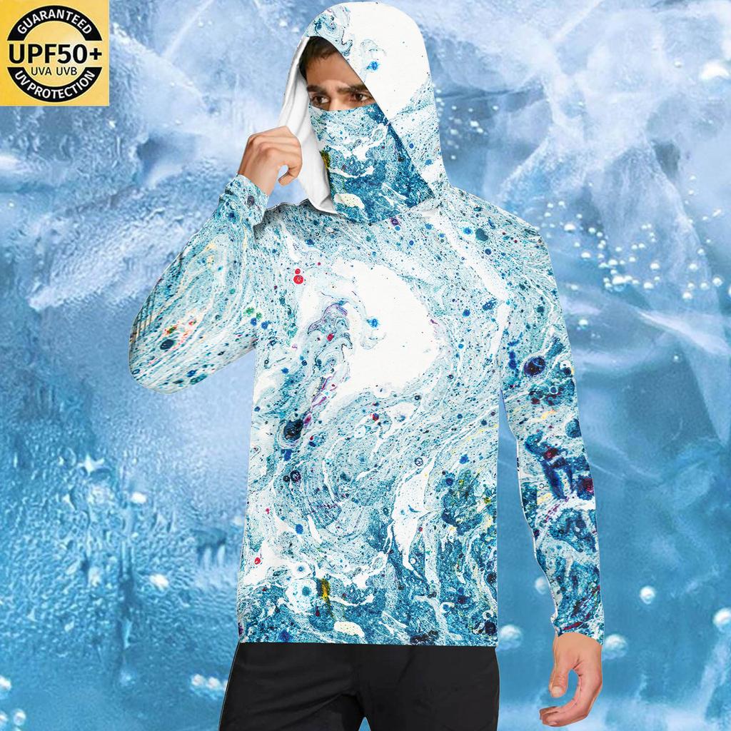 Long Sleeve Hooded Pullover with Face Covering Abstract Printed Lightweight Breathable Fabric for Men and Women