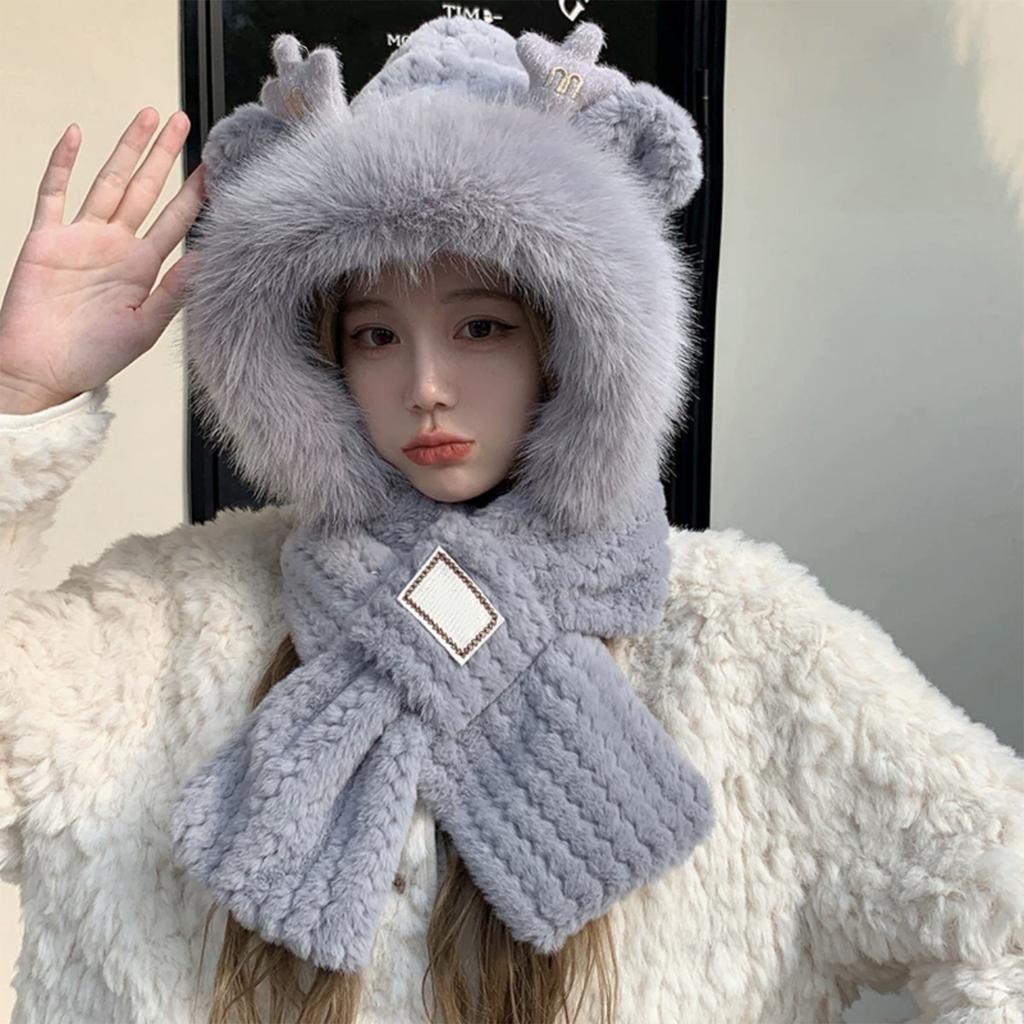 Women's Scarf One-piece Hooded Cute Cycling Thick Warm Plush Hat
